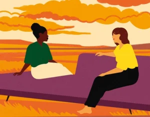 Illustration of two people sitting on a purple couch with a orange landscape and horizon behind them.
